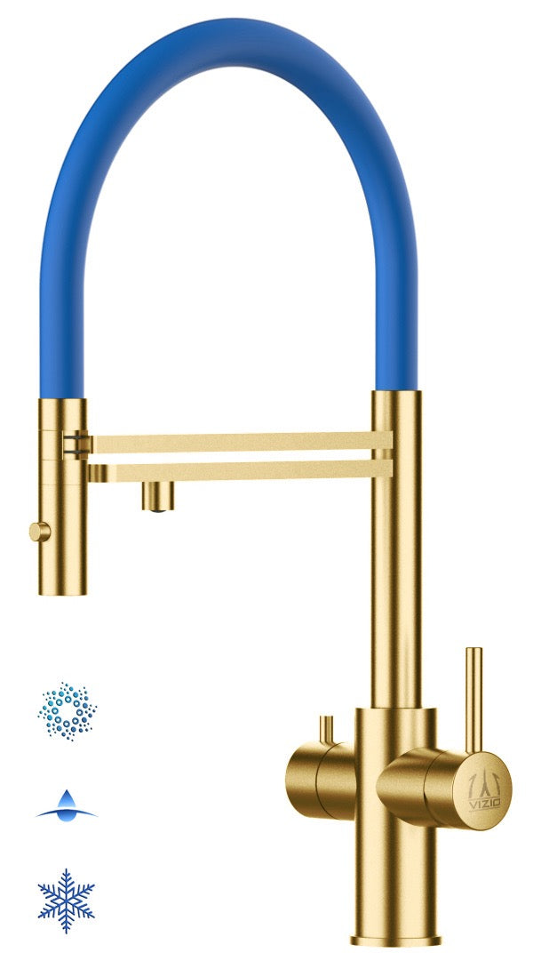 5-Wege Küchenarmatur Edelstahl AISI 316, 360° Auslauf, 2-Strahl-Handbrause, Satin Gold PVD / Blau