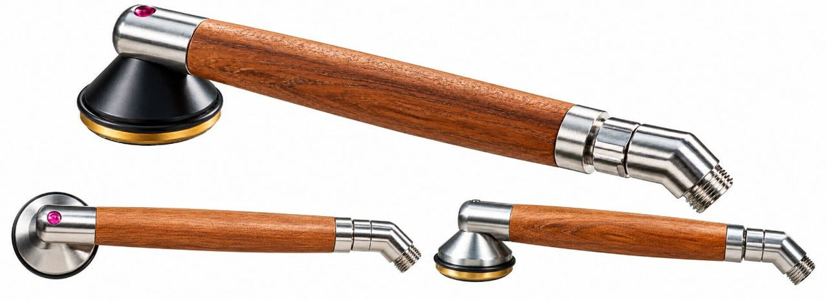 Duschgriff Teak – beide Ausführungen: Titan-Glocke und schwarze Kunststoff-Glocke