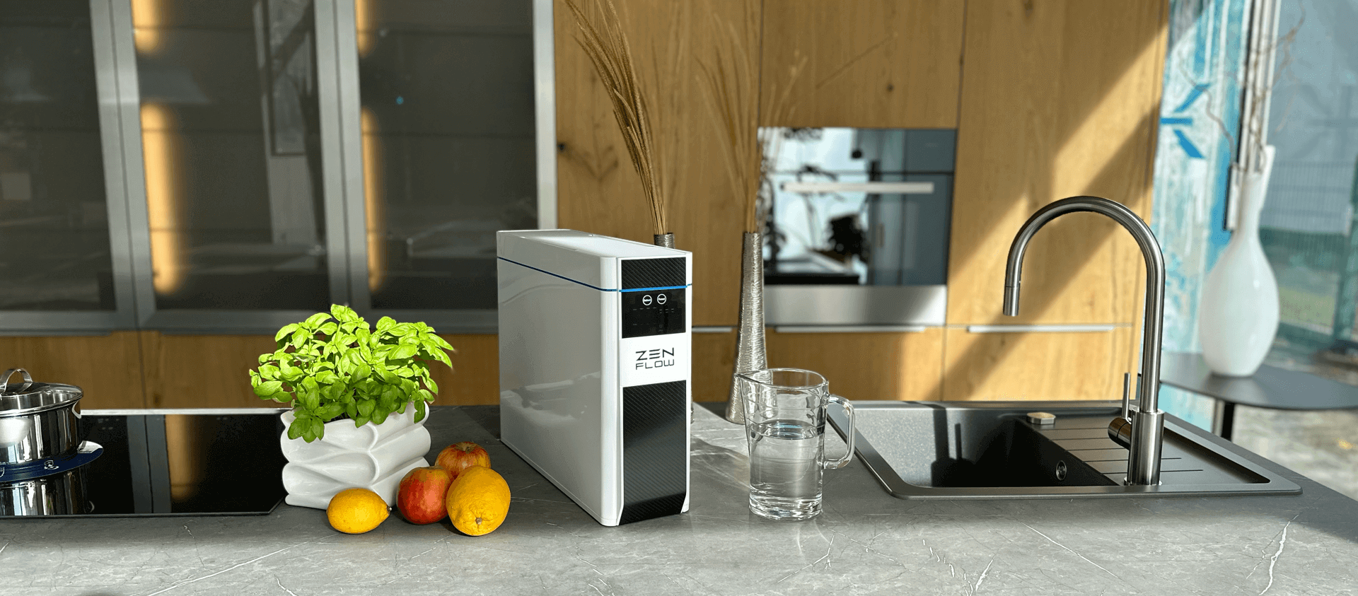 Aquadea "ZEN FLOW Set" – Direct Flow Umkehrosmoseanlage mit vorgeschaltetem Aquadea Kristallwirbel®-Inlinewirbler