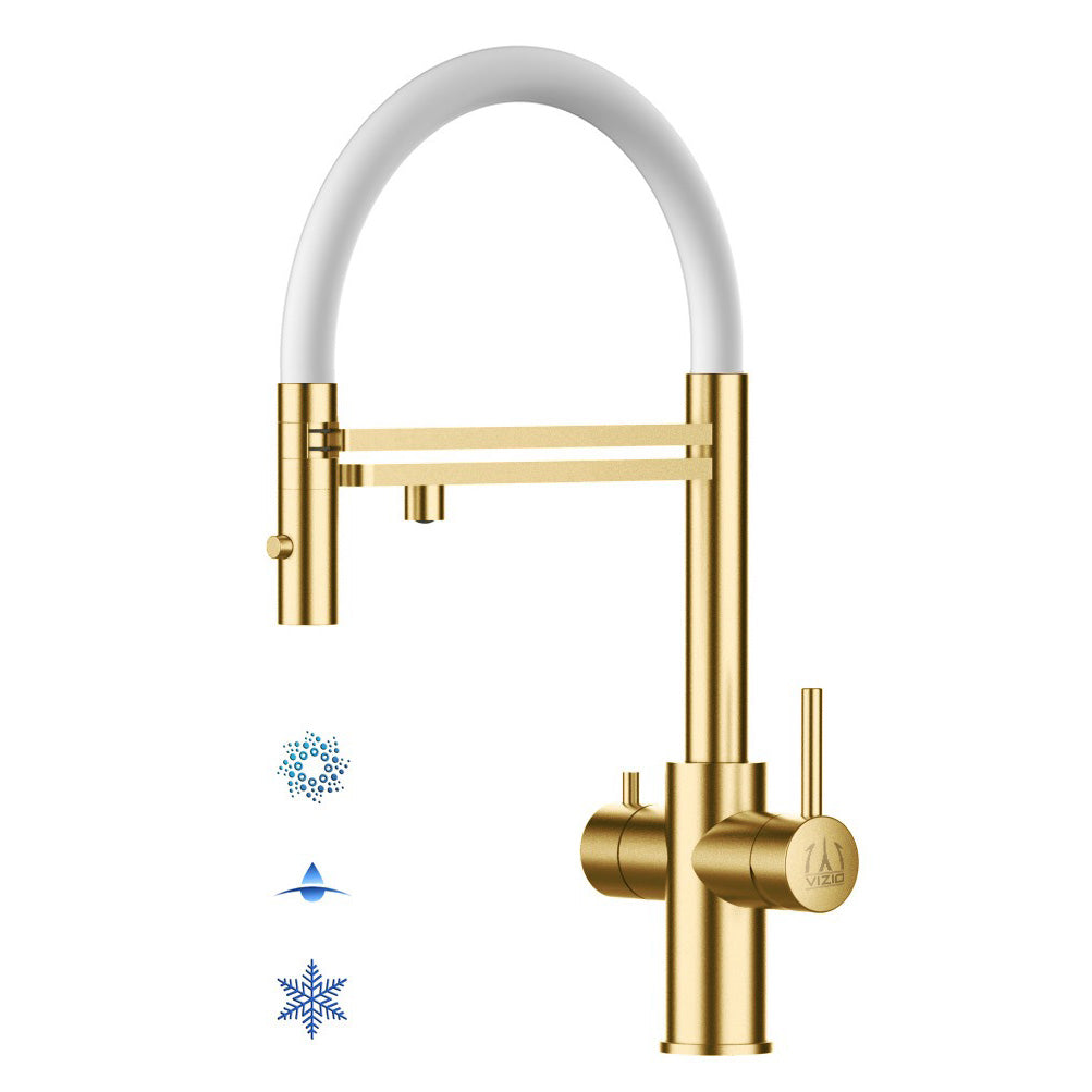 5-Wege Küchenarmatur AISI 316, Kurzversion 47 cm, 360° Auslauf, Satin Gold PVD / Weiß