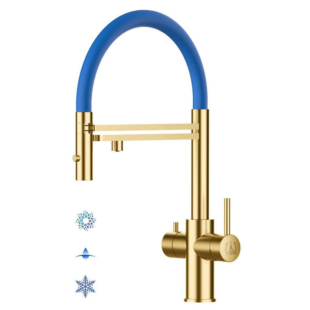 5-Wege Küchenarmatur AISI 316, Kurzversion 47 cm, 360° Auslauf, Satin Gold PVD / Blau