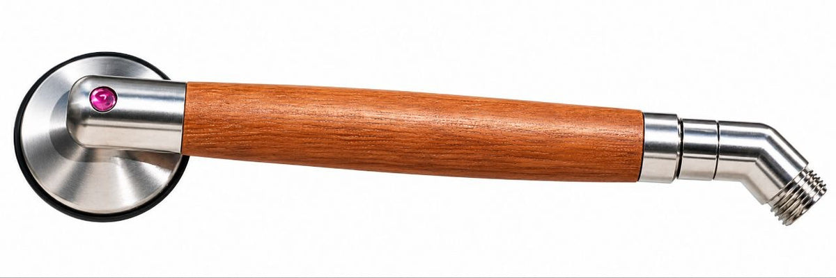 Duschgriff Teak – Glocke frontal mit Rubin